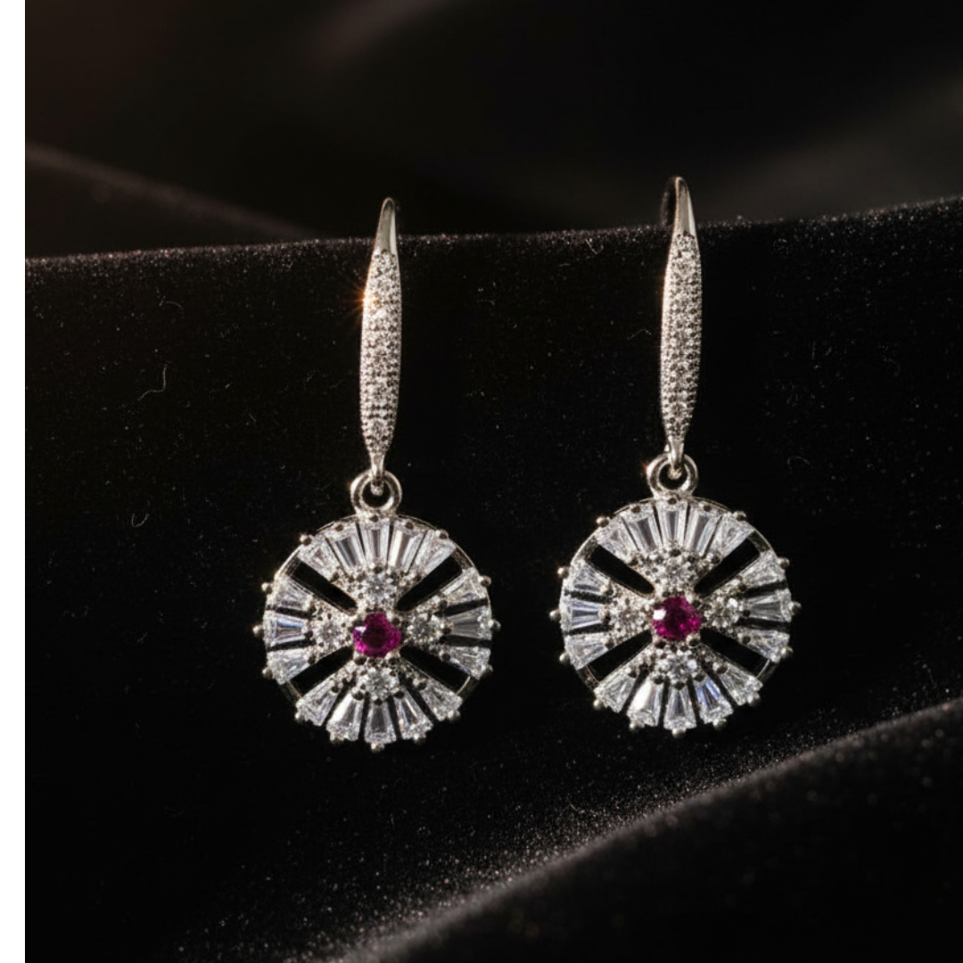 Elegant Ruby & Diamond Flower Pendant Necklace and Earrings Set
