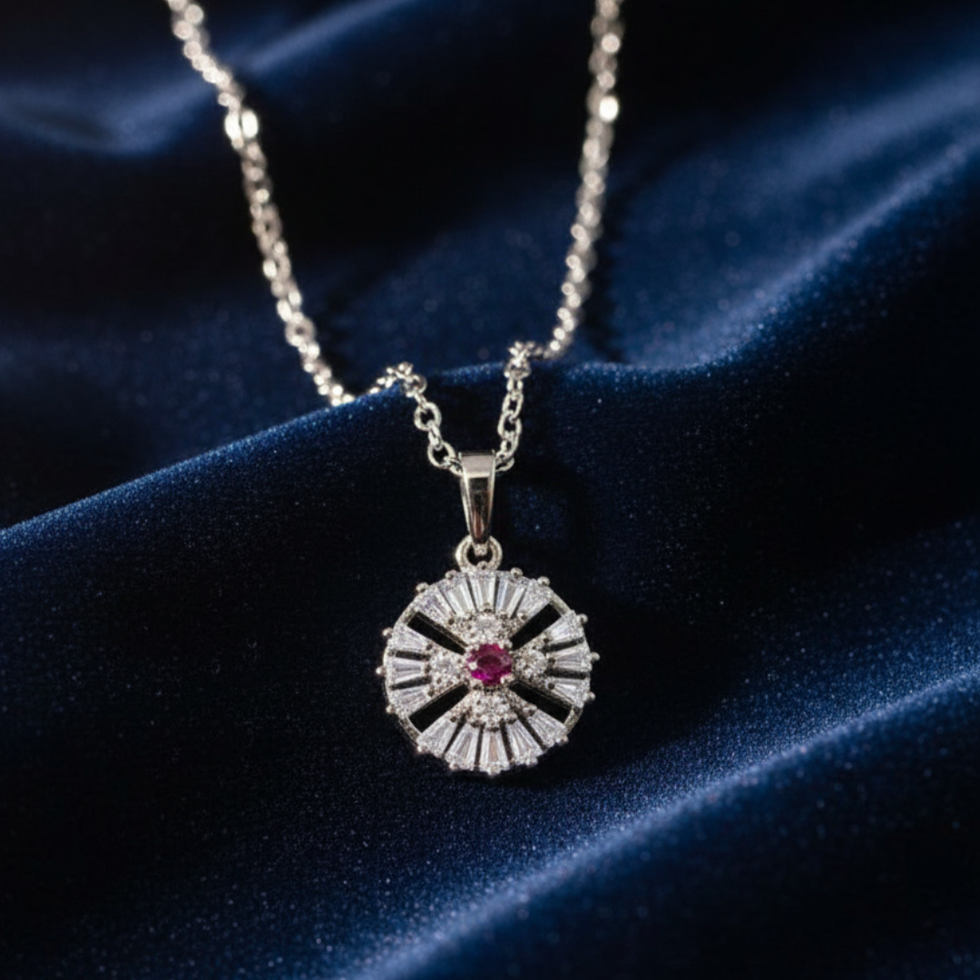 Elegant Ruby & Diamond Flower Pendant Necklace and Earrings Set