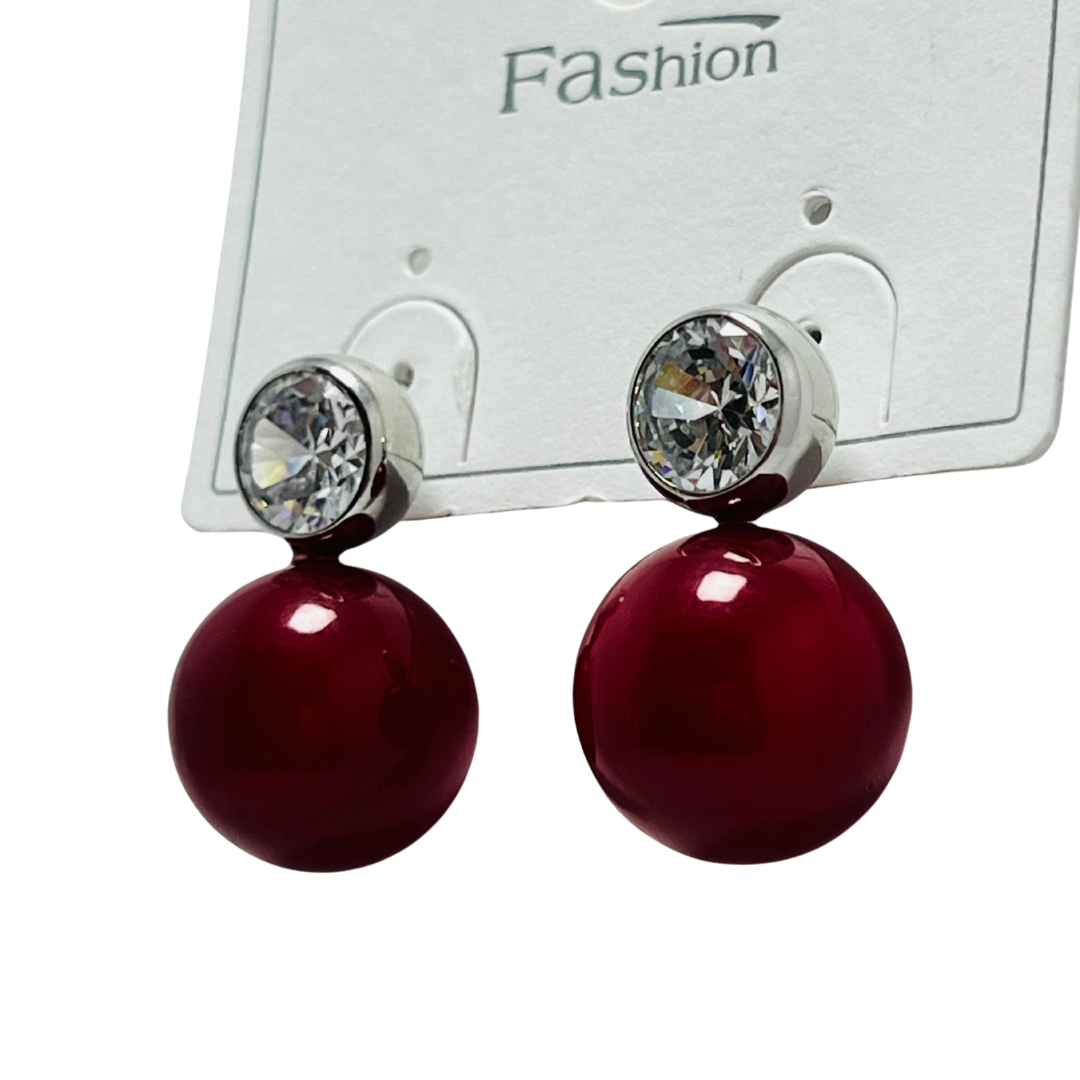 Elegant Red Pearl & Crystal Stud Earrings – Classic Statement Jewelry