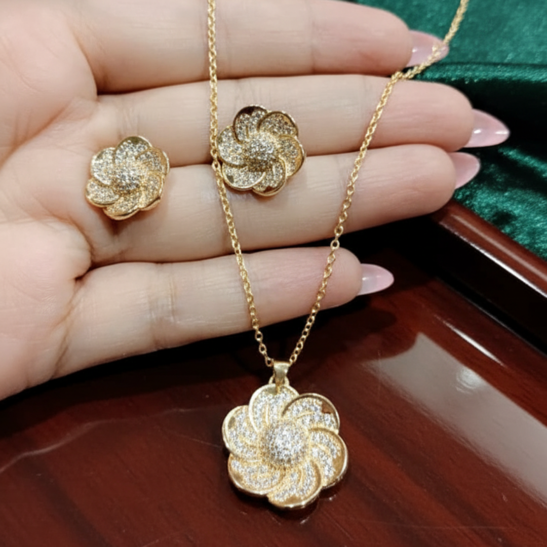 Luxury Gold-Plated Floral Pendant Necklace & Earrings Set