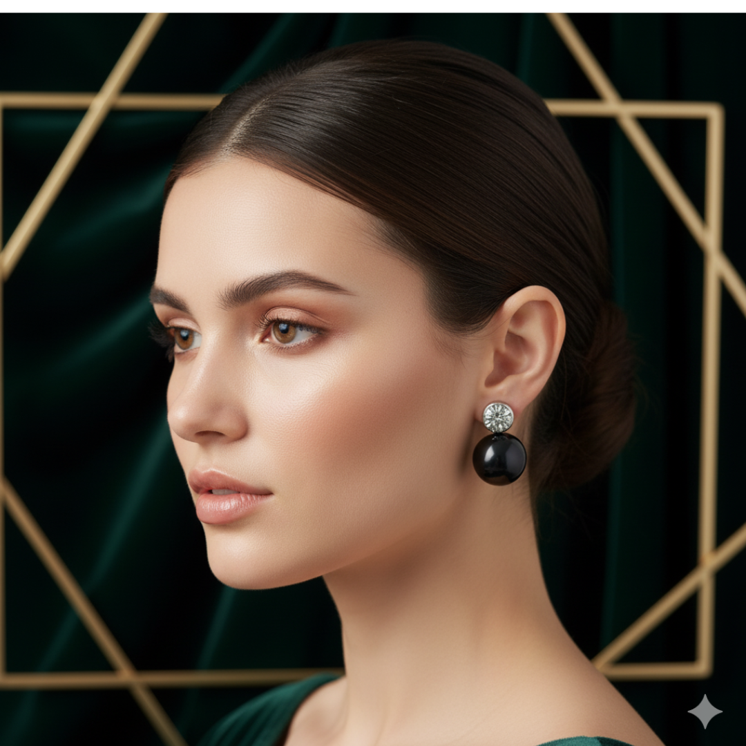 Black Pearl & Crystal Stud Drop Earrings