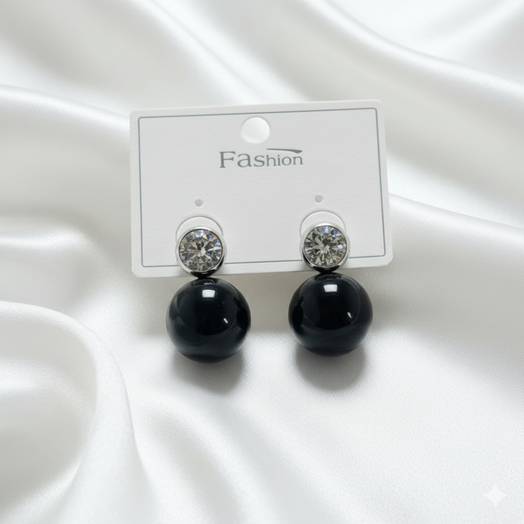 Black Pearl & Crystal Stud Drop Earrings