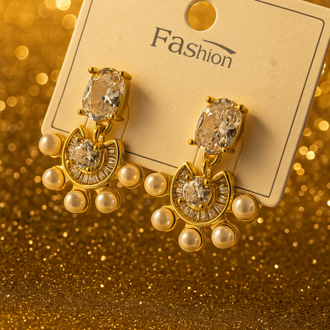 Title: Elegant Gold-Plated Pearl & Crystal Drop Earrings