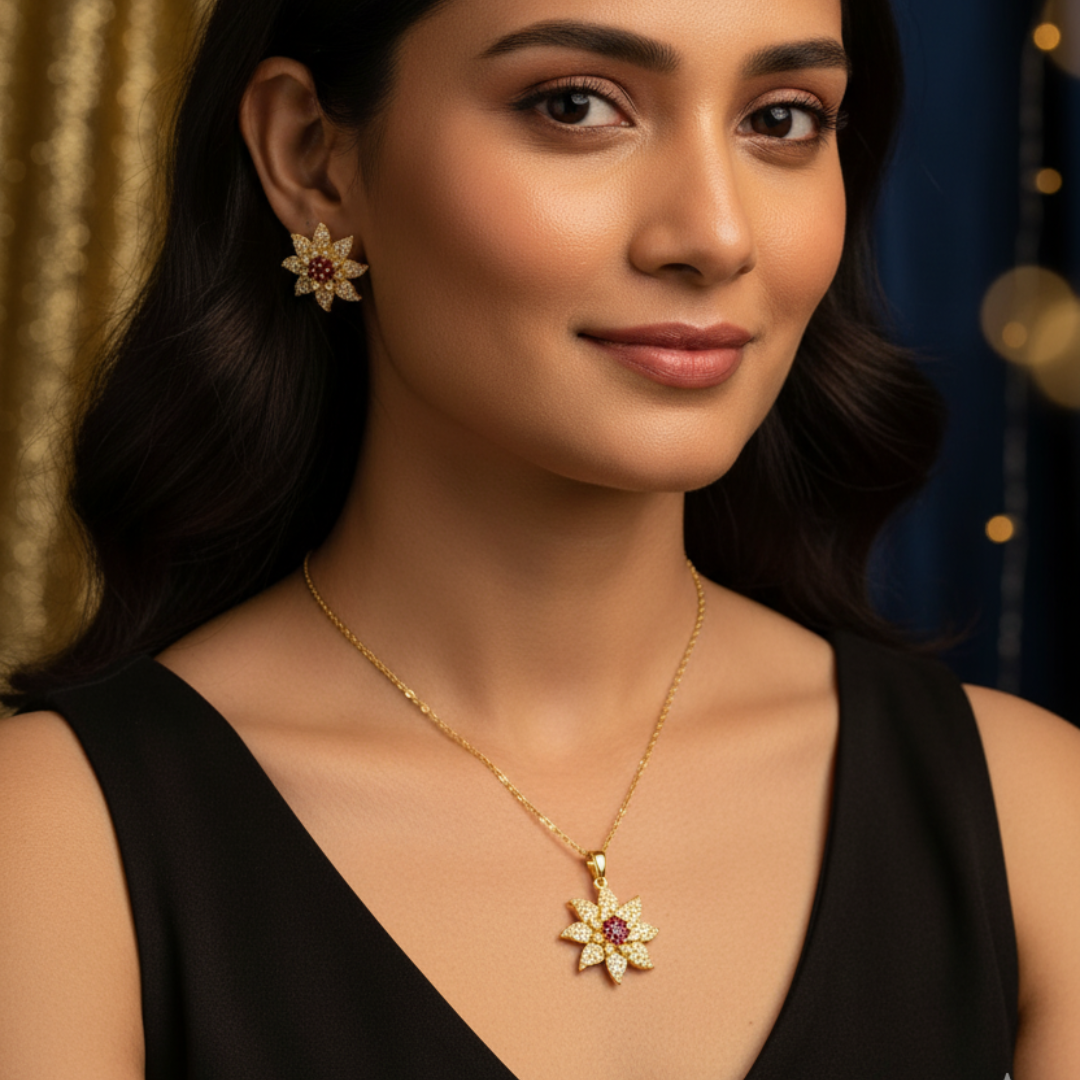 Gold-Plated Floral Pendant & Earring Set with Ruby Accents