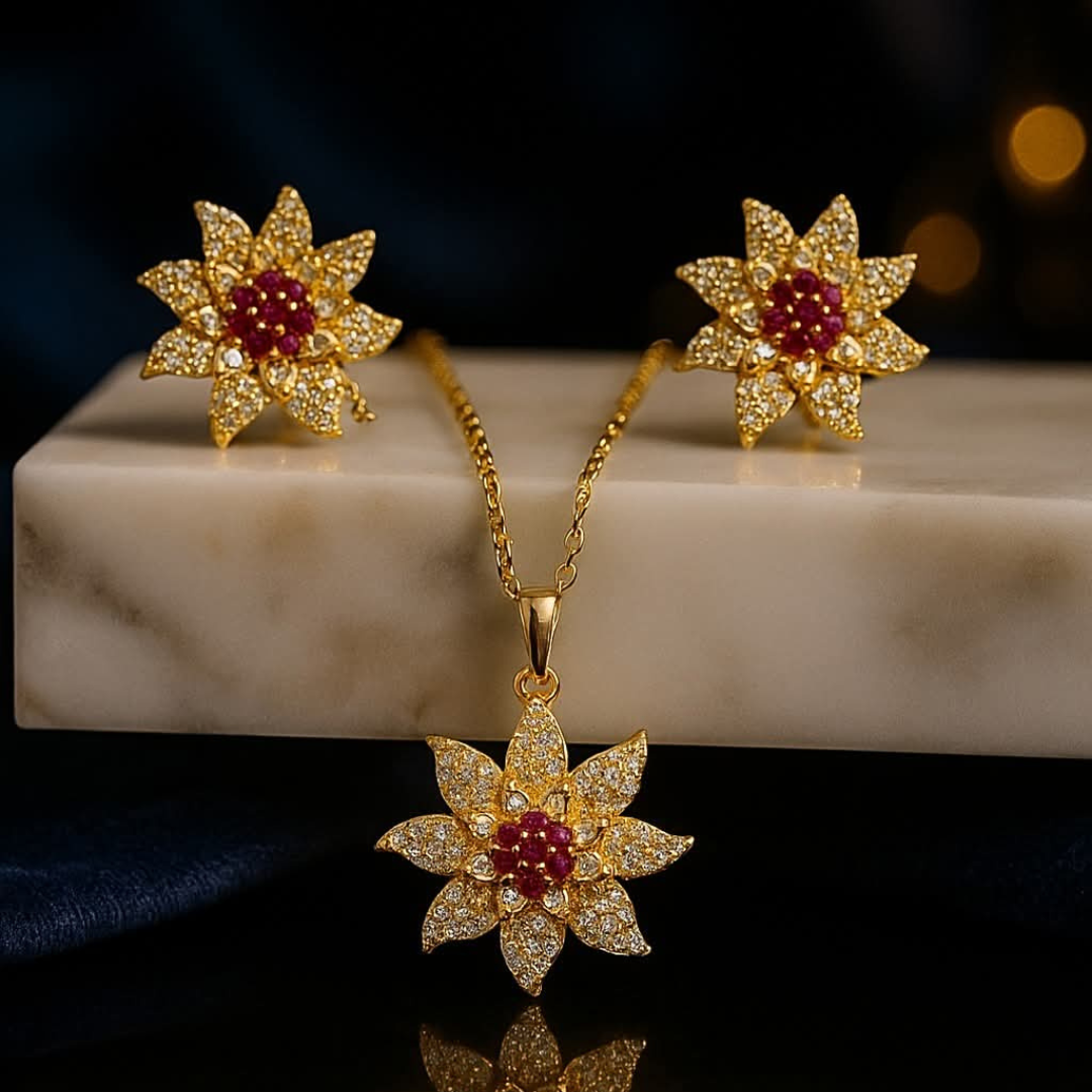 Gold-Plated Floral Pendant & Earring Set with Ruby Accents