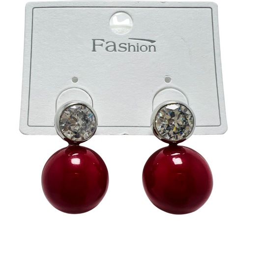 Elegant Red Pearl & Crystal Stud Earrings – Classic Statement Jewelry