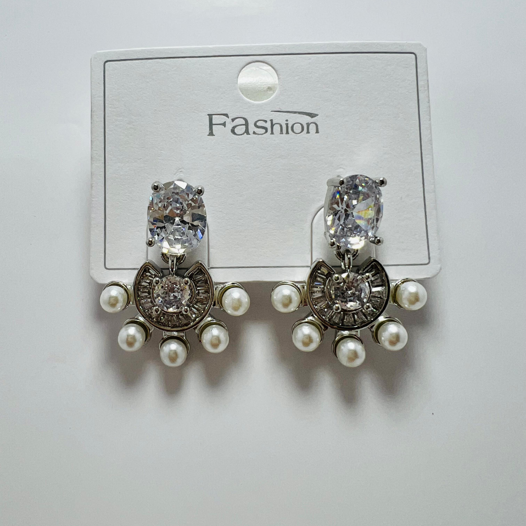 Title: Elegant Silver-Plated Pearl & Crystal Drop Earrings