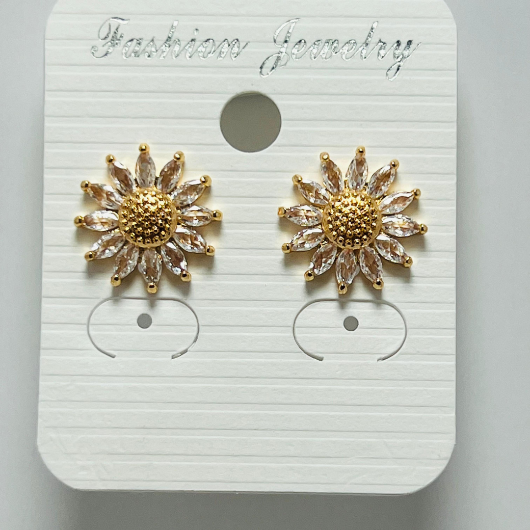 Title: Sparkling Sunflower Stud Earrings – Gold & Crystal