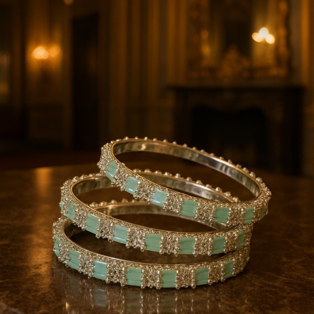 Elegant Green Stone & Silver Crystal Bangles – Set of 4