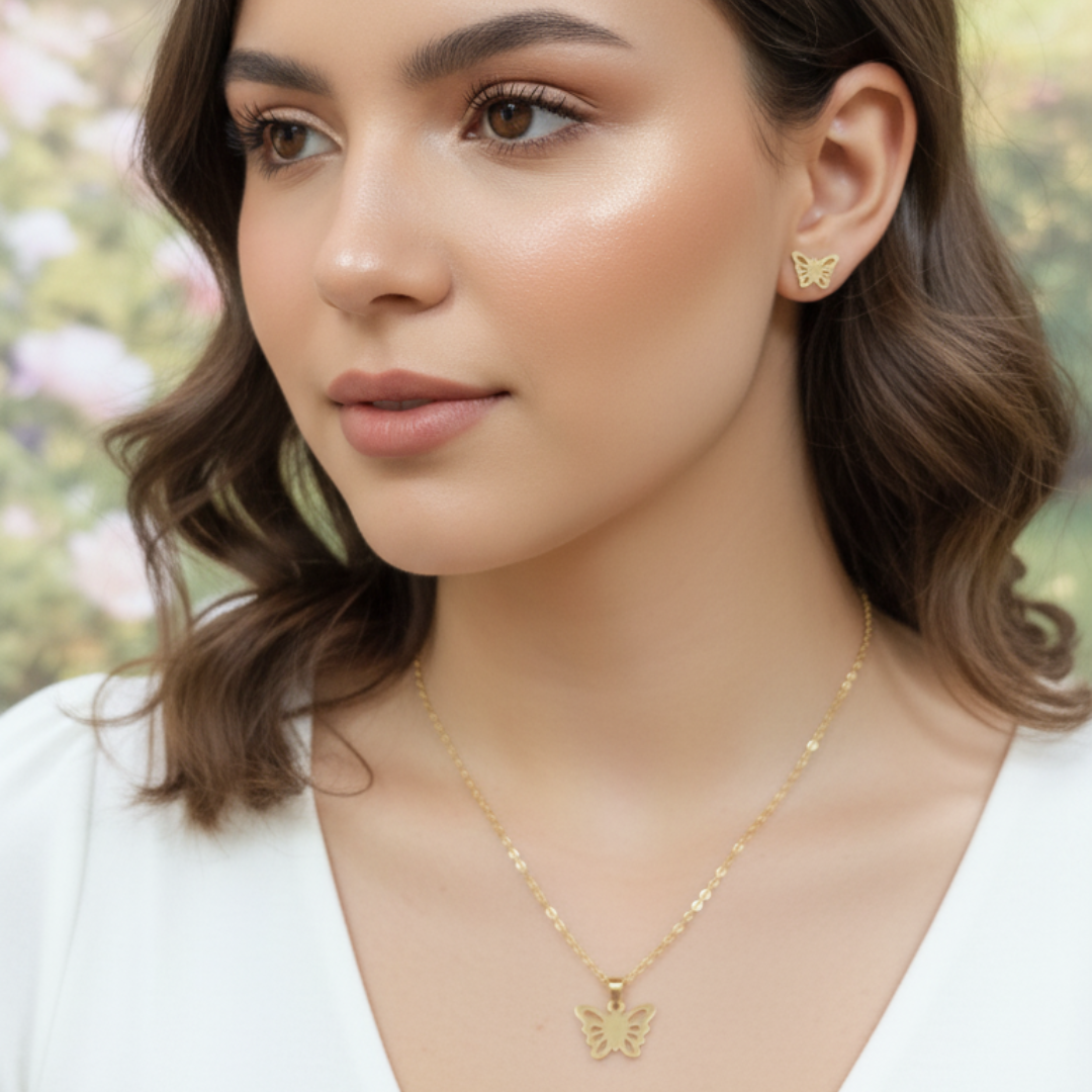 Gold-Plated Butterfly Pendant Necklace with Matching Stud Earrings