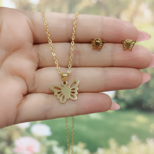 Gold-Plated Butterfly Pendant Necklace with Matching Stud Earrings