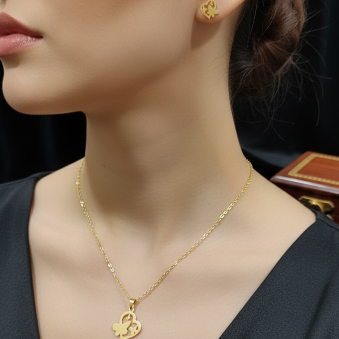 Gold-Plated Heart Pendant Necklace with Matching Stud Earrings