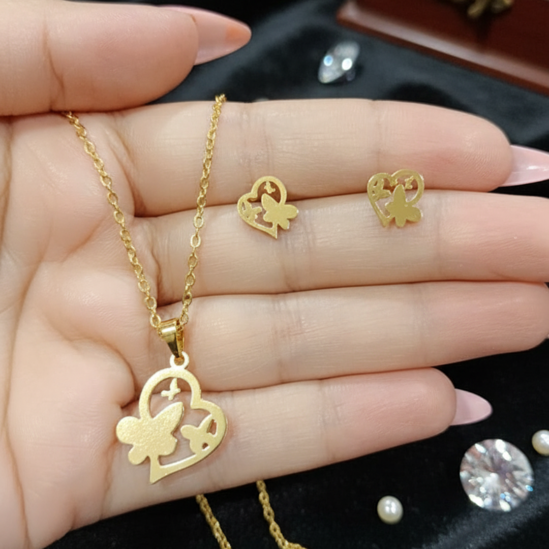 Gold-Plated Heart Pendant Necklace with Matching Stud Earrings