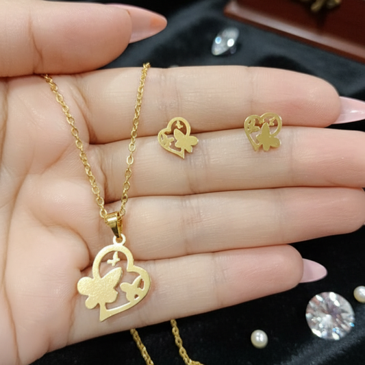 Gold-Plated Heart Pendant Necklace with Matching Stud Earrings