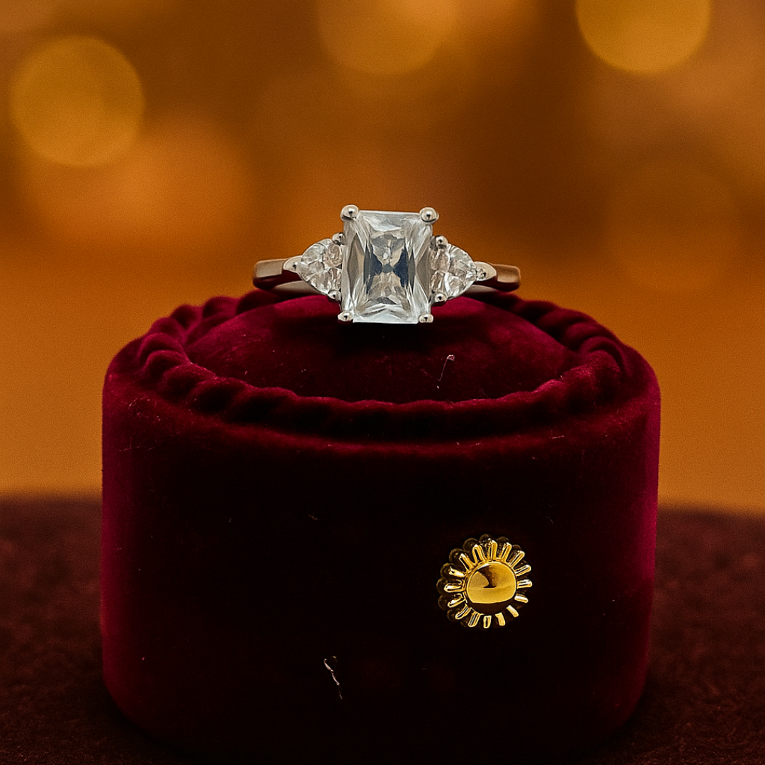 Elegant Princess-Cut Crystal Ring with Side Accents