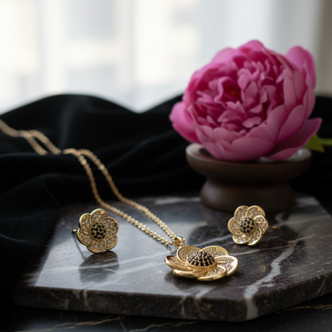 Elegant Floral Gold Jewelry Set – Necklace & Earrings