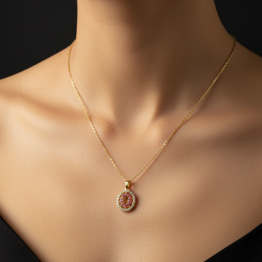 Elegant Gold-Plated Jewelry Set with Pink Stone Accents (Necklace, Ring, Earrings & Bracelet)