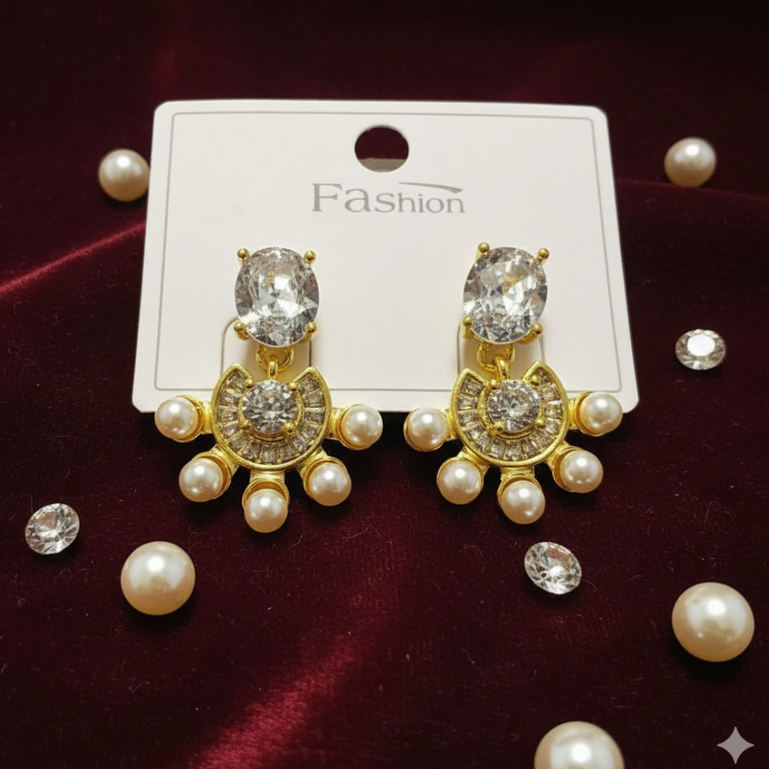 Title: Elegant Gold-Plated Pearl & Crystal Drop Earrings