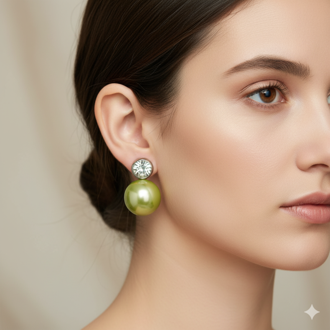 Title: Elegant olive green Pearl & Crystal Stud Earrings