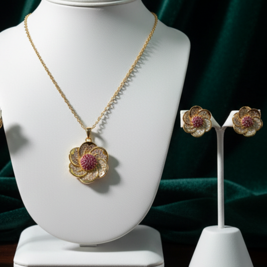 Elegant Floral Pendant Necklace & Earrings Set