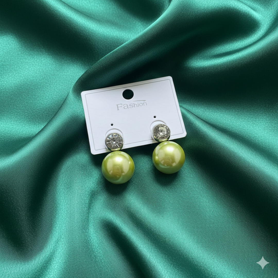 Title: Elegant olive green Pearl & Crystal Stud Earrings