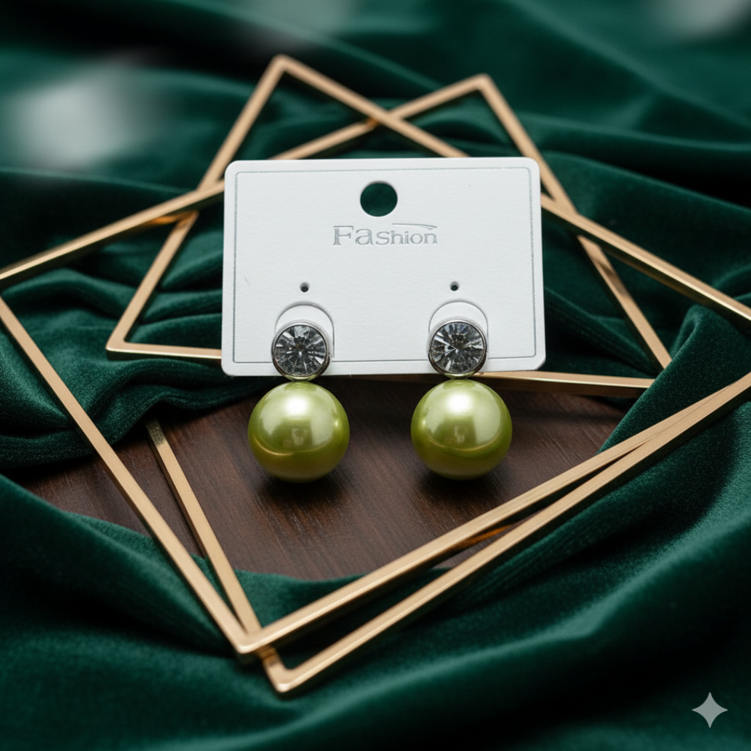 Title: Elegant olive green Pearl & Crystal Stud Earrings