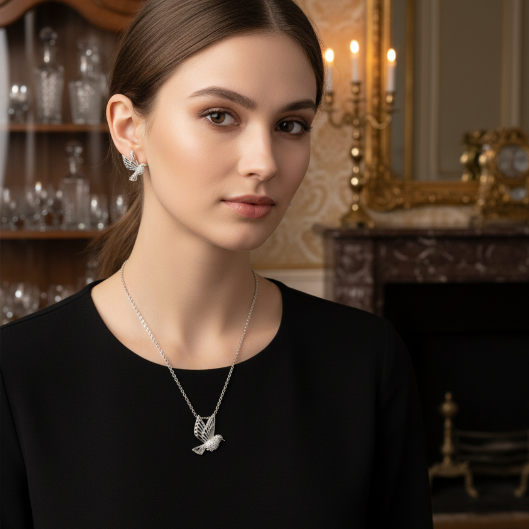 Elegant Silver Bird Necklace & Earring Set