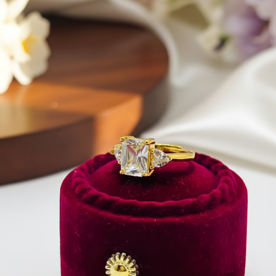 Emerald-Cut Crystal Gold Ring with Side Accents