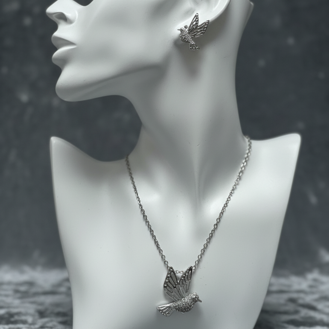 Elegant Silver Bird Necklace & Earring Set