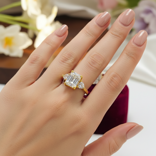 Emerald-Cut Crystal Gold Ring with Side Accents