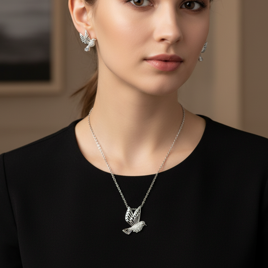 Elegant Silver Bird Necklace & Earring Set