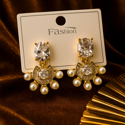 Title: Elegant Gold-Plated Pearl & Crystal Drop Earrings