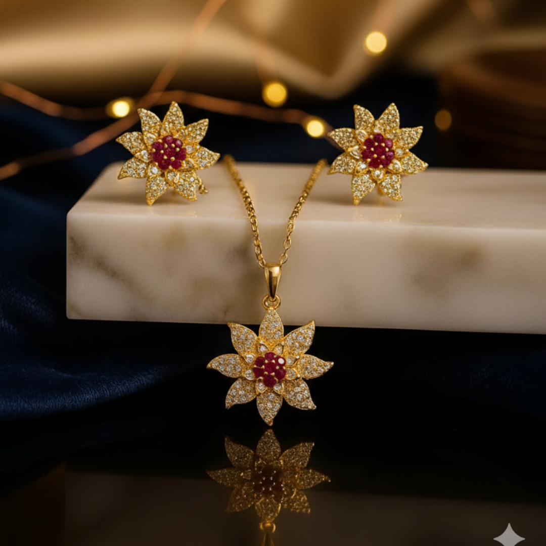 Gold-Plated Floral Pendant & Earring Set with Ruby Accents