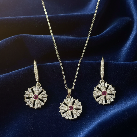 Elegant Ruby & Diamond Flower Pendant Necklace and Earrings Set