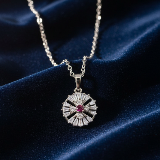 Elegant Ruby & Diamond Flower Pendant Necklace and Earrings Set