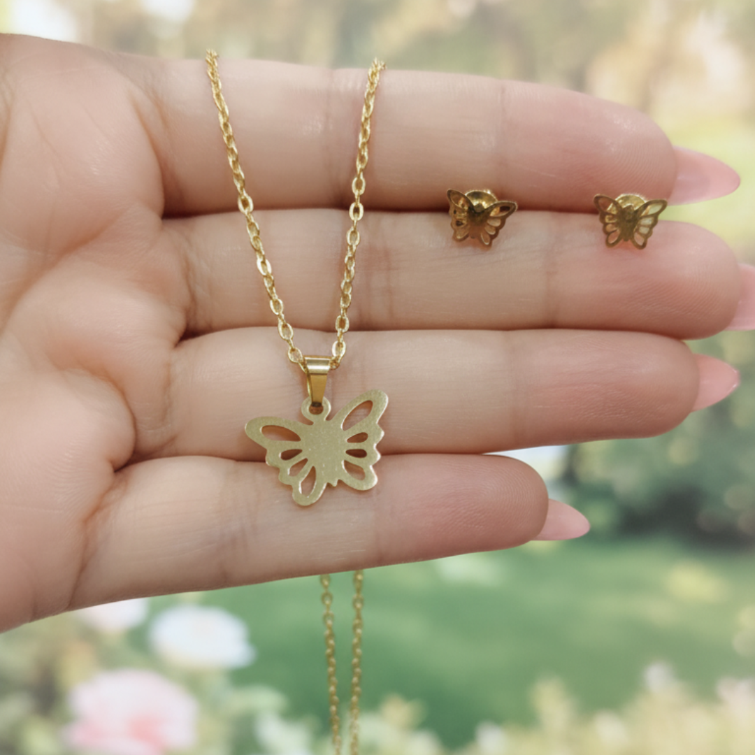 Gold-Plated Butterfly Pendant Necklace with Matching Stud Earrings