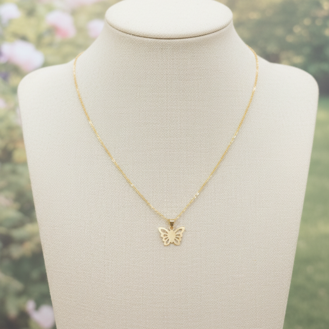 Gold-Plated Butterfly Pendant Necklace with Matching Stud Earrings