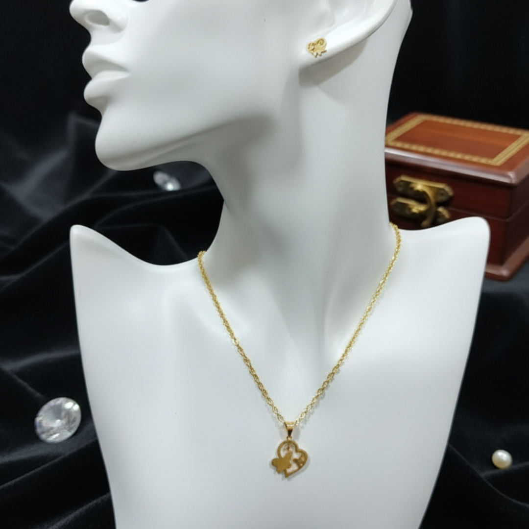 Gold-Plated Heart Pendant Necklace with Matching Stud Earrings