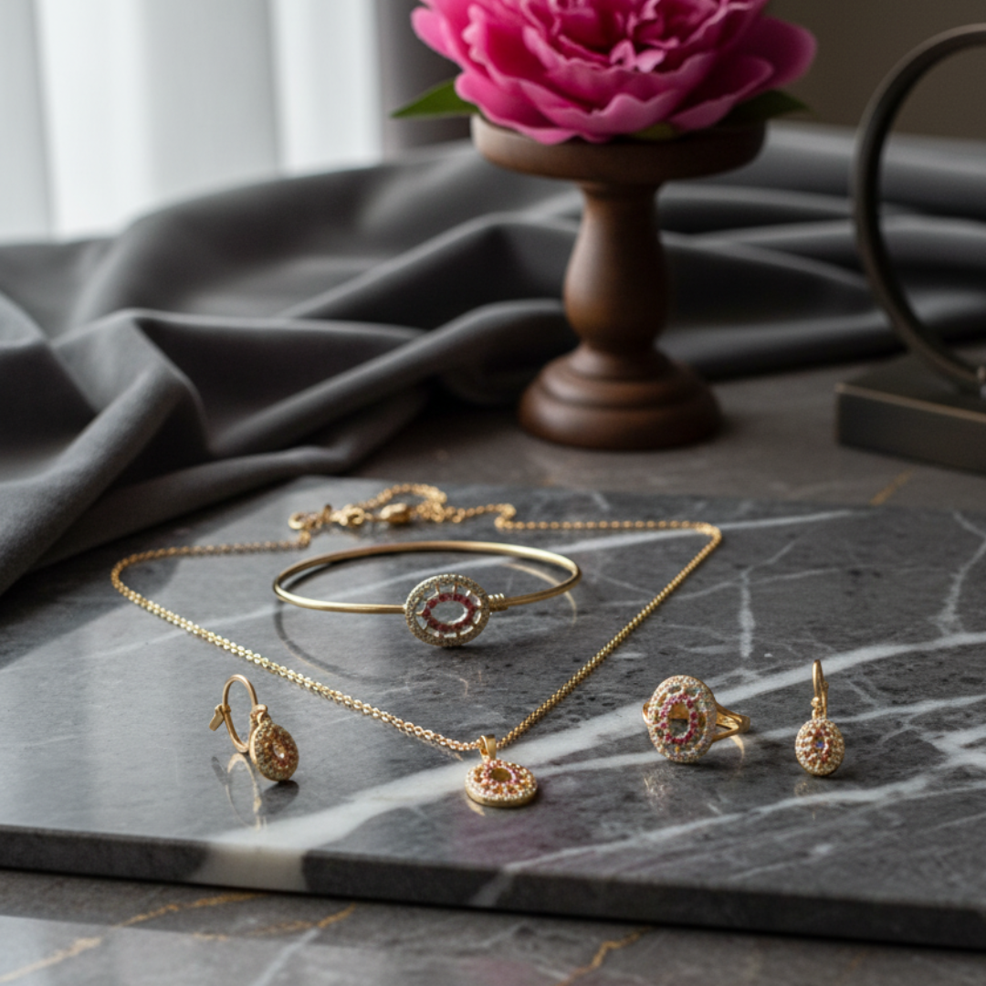 Elegant Gold-Plated Jewelry Set with Pink Stone Accents (Necklace, Ring, Earrings & Bracelet)