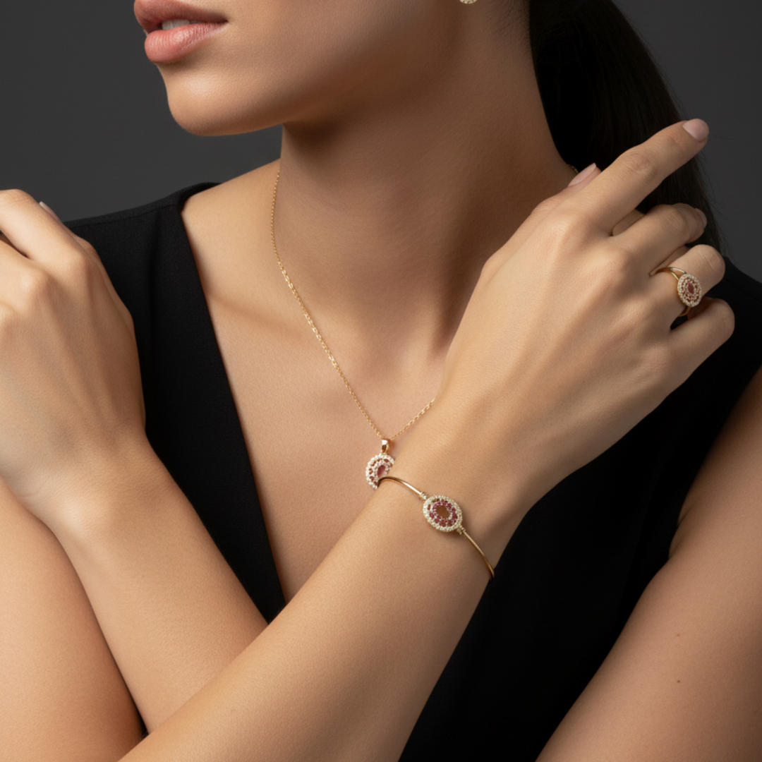 Elegant Gold-Plated Jewelry Set with Pink Stone Accents (Necklace, Ring, Earrings & Bracelet)