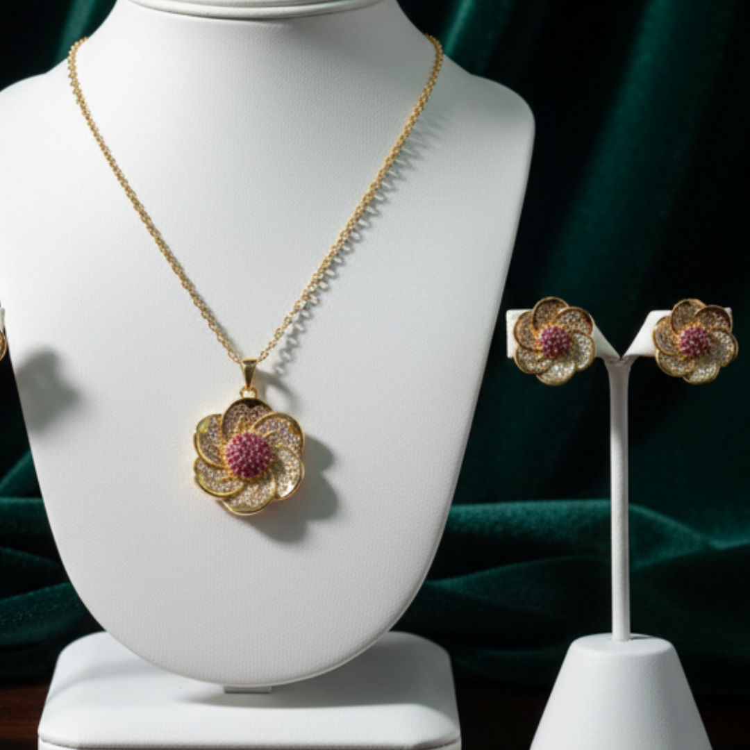 Elegant Floral Pendant Necklace & Earrings Set